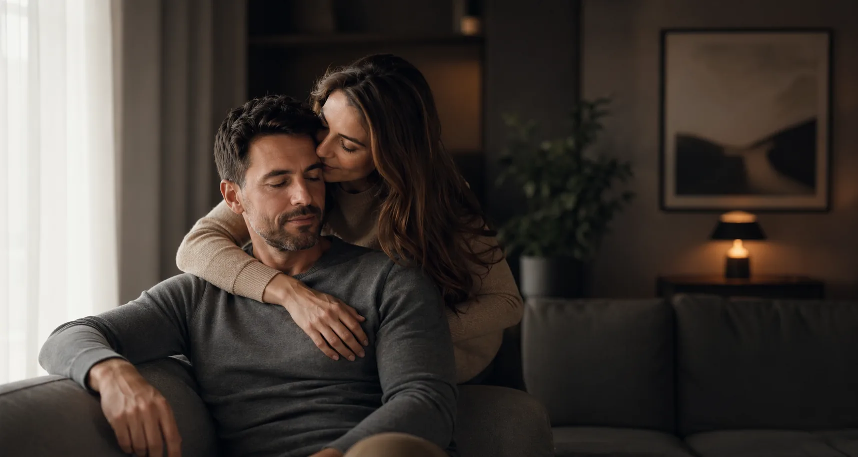 Pareja abrazándose en un ambiente íntimo y tranquilo